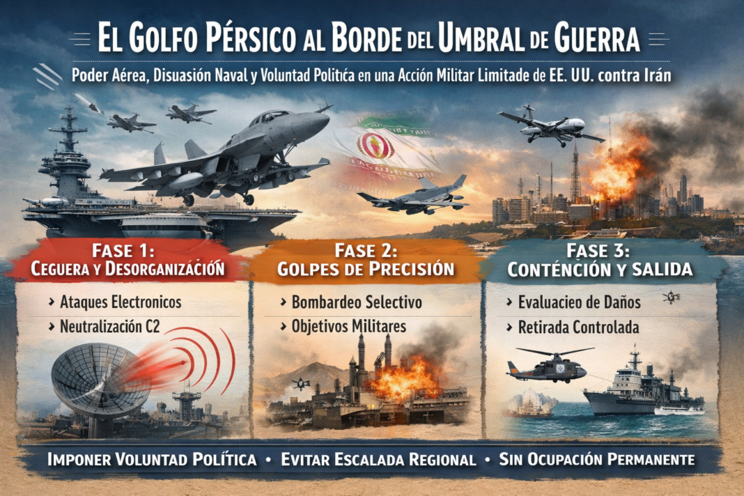 Golfo Pérsico, Estados Unidos e Irán, conflicto en Medio Oriente, poder aéreo estadounidense, disuasión naval, guerra limitada, coerción estratégica, doctrina militar estadounidense, Clausewitz y guerra, Jomini estrategia militar, guerra asimétrica iraní, seguridad energética global, Estrecho de Ormuz, CENTCOM, escalada regional, análisis de inteligencia estratégica
